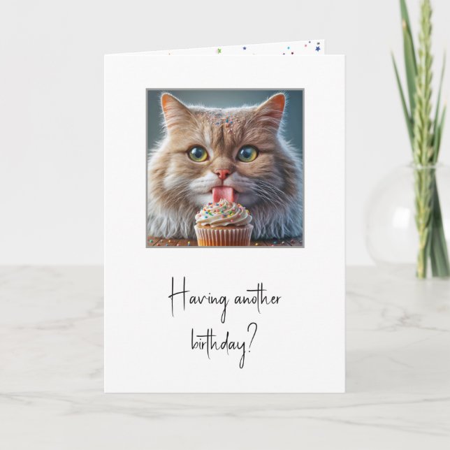 Cat Licking a Birthday Cupcake Card (Front)