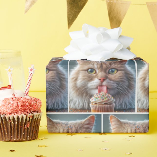 Cat Licking A Birthday Cupcake Wrapping Paper (Birthday Party)