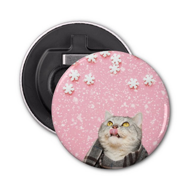 Cat Licking Snowflakes Button Bottle Opener (Front)