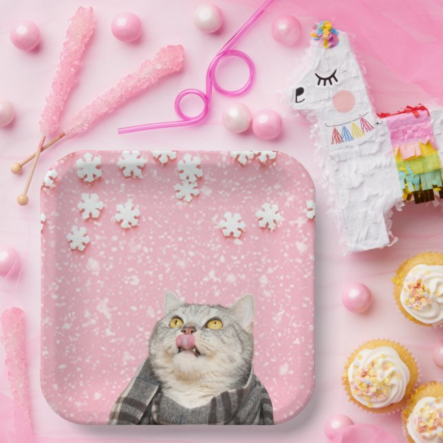Cat Licking Snowflakes Square Paper Plates (Party)