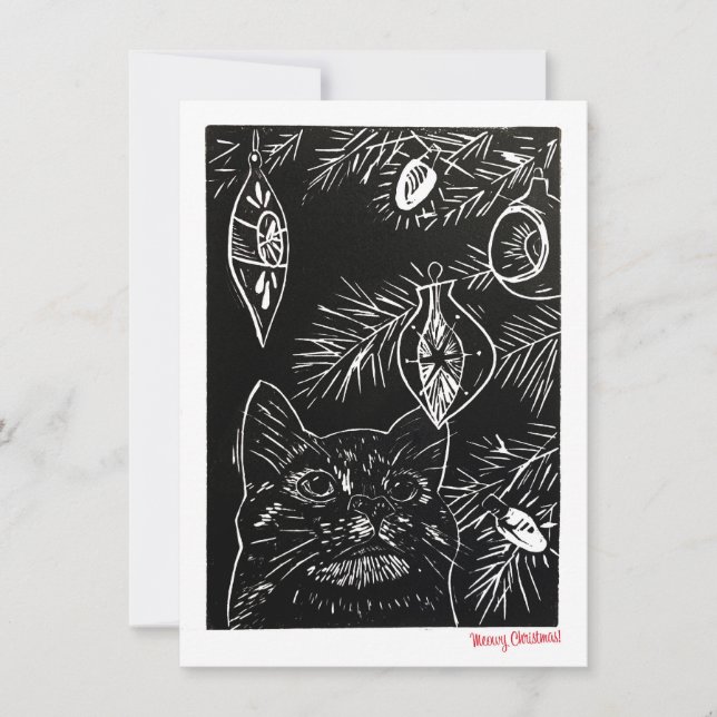 Cat Linocut Christmas Card (Front)