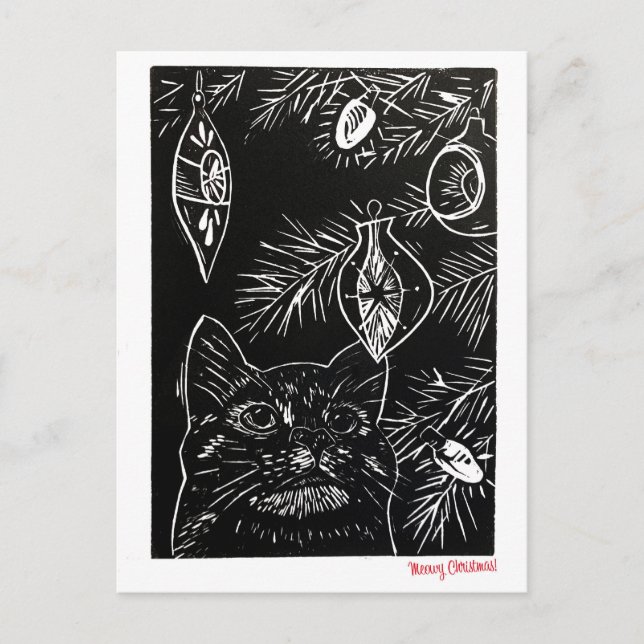 Cat Linocut Christmas Postcard (Front)