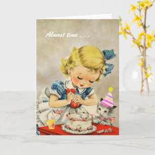 Cat Little Girl Baking Cake Happy Birthday Card