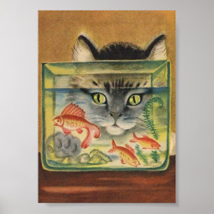 Cat Looking at Fish Vintage Animal Poster