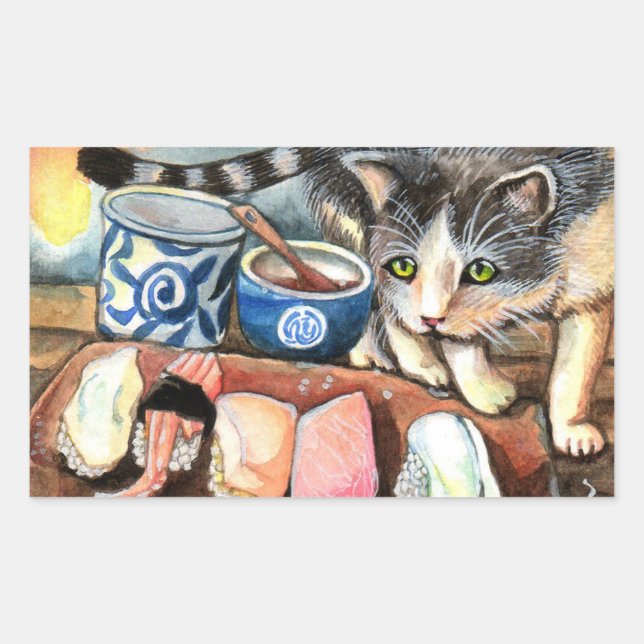 Cat Looking at Sushi Rectangular Sticker (Front)