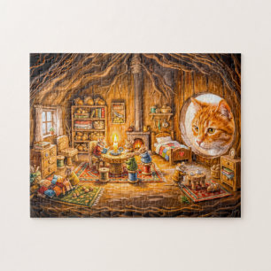 Cat Looking Into Cosy Mouse Home Jigsaw Puzzle