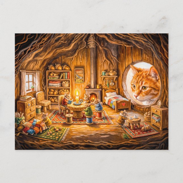 Cat Looking Into Cosy Mouse Home Postcard (Front)
