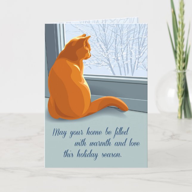 Cat Looking Out Window at Winter Snow Holiday Card (Front)
