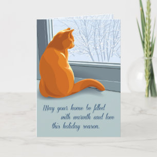 Cat Looking Out Window at Winter Snow Holiday Card
