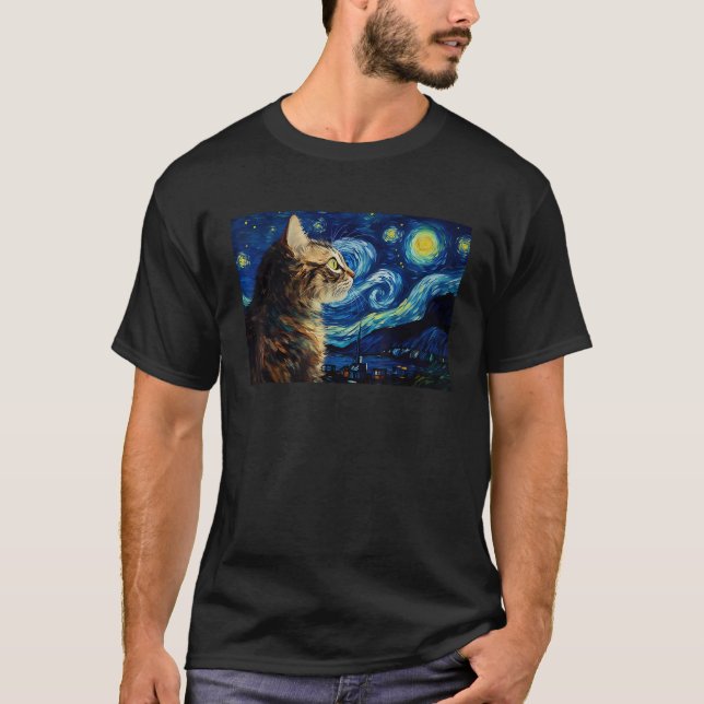 cat looking starry night sky art Painting kitten V T-Shirt (Front)