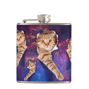 Cat looking up in space side torn hole hip flask