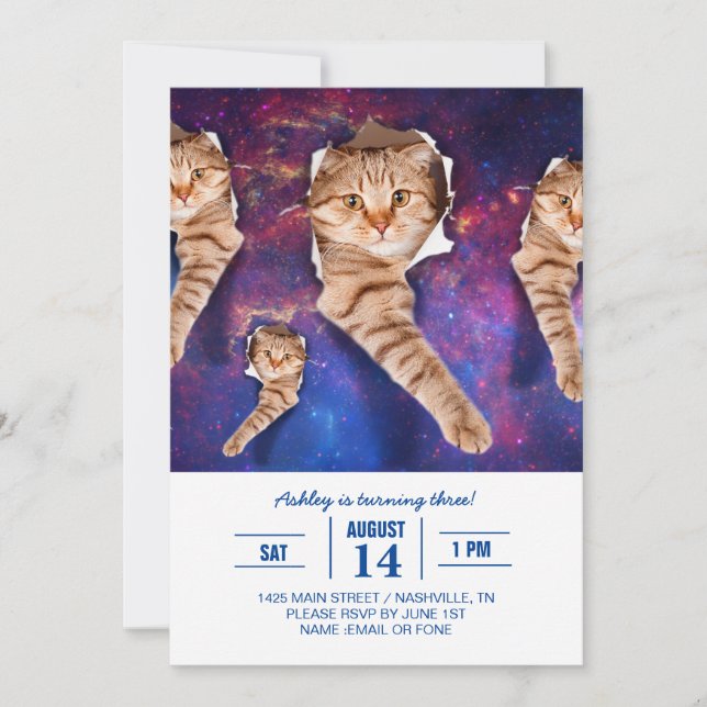 Cat looking up in space side torn hole invitation (Front)