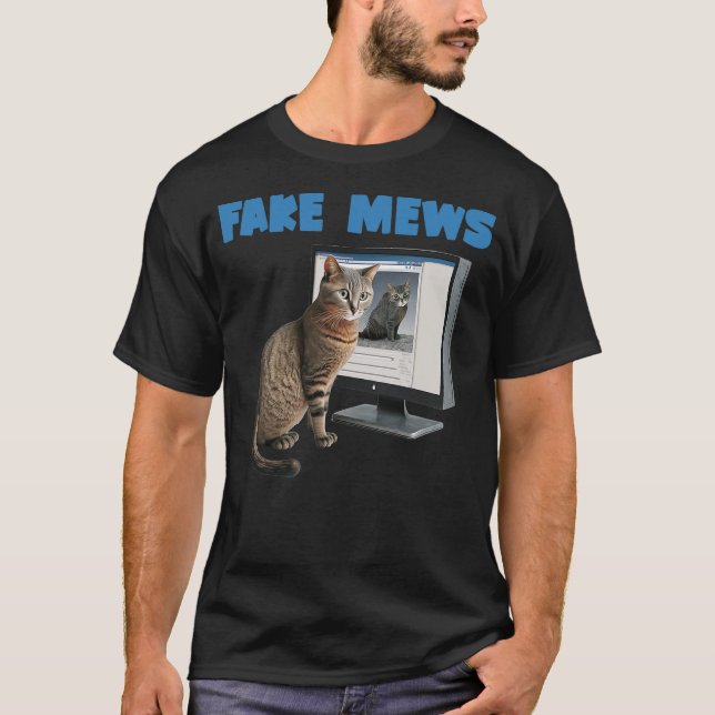 Cat looks disbelieving at catbook fake mews funny  T-Shirt (Front)