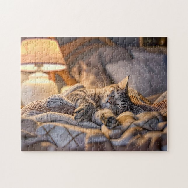 Cat lounging on couch with blanket and lamp jigsaw puzzle (Horizontal)