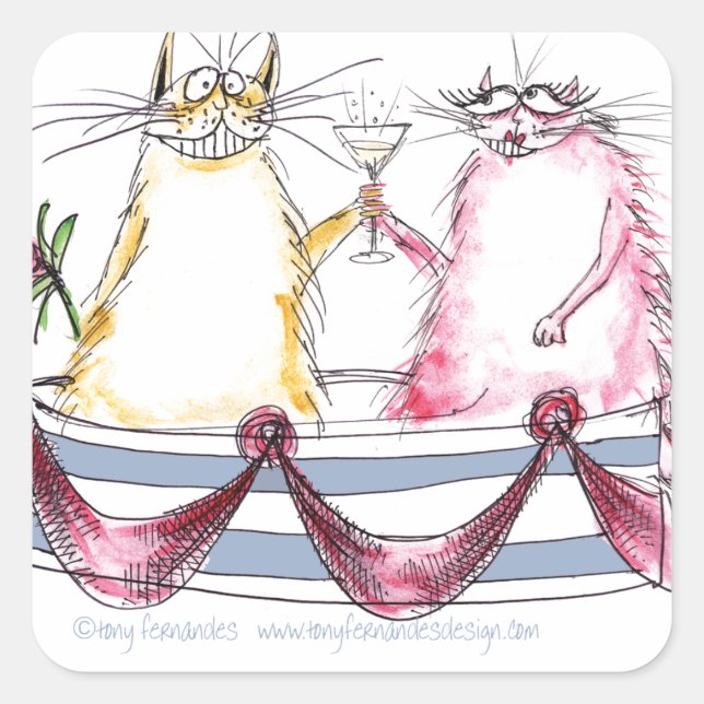 cat love - funny cartoon, tony fernandes square sticker (Front)