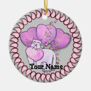Cat Love Heart Ceramic Ornament