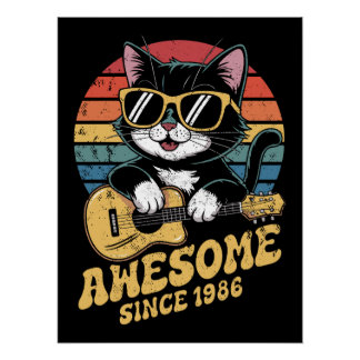 Cat Lover 1986 Birthday Retro Ukulele 40th Bday  Poster