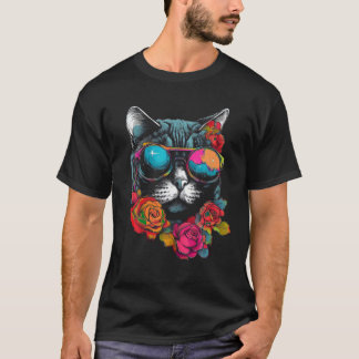 Cat Lover Artwork Sunglasses Flower Animal Motif C T-Shirt