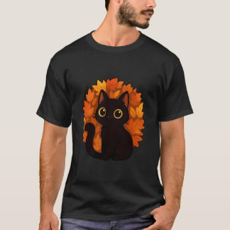 Cat Lover Autumn Leaves Fall Season Cosy Feline Ki T-Shirt