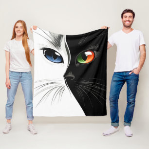 Cat Lover Black White Orange Green Blue Eyes Fleece Blanket