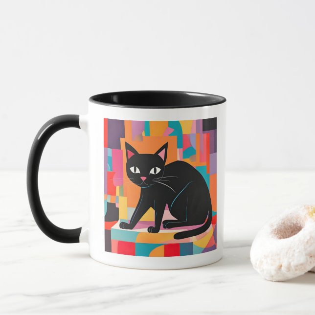 Cat Lover, Colourful Geometric Feline Mug (With Donut)