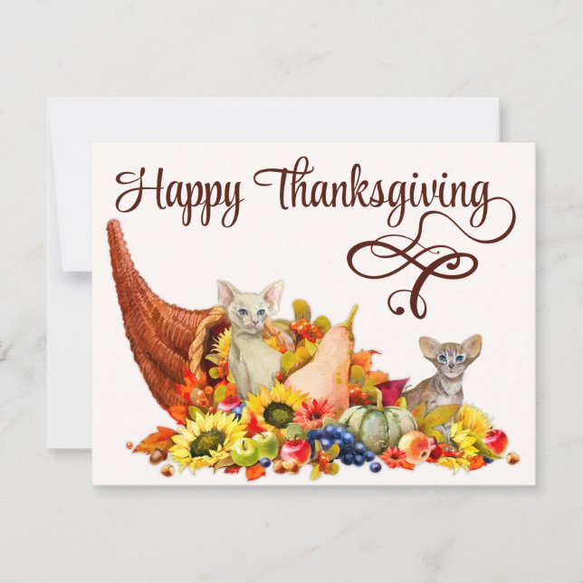 Cat Lover Cornucopia Thanksgiving Holiday Seasonal Card (Front)