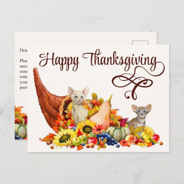 Cat Lover Cornucopia Thanksgiving Holiday Seasonal Postcard (Front/Back)