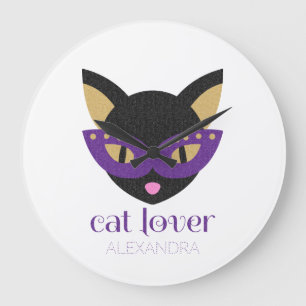 Cat Lover Cute Black Purple Gold Customised Name Large Clock