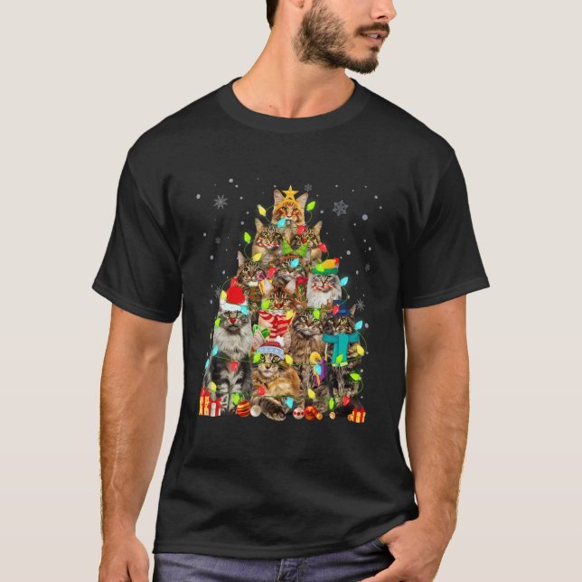 Cat Lover Funny Maine Coon Tree Christmas Light T-Shirt (Front)