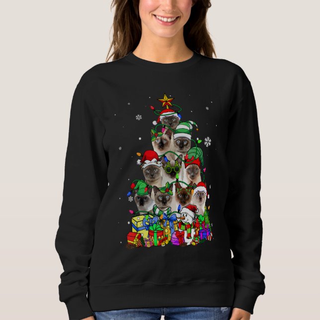 Cat Lover Funny Siamese Tree Christmas Light Sweatshirt (Front)