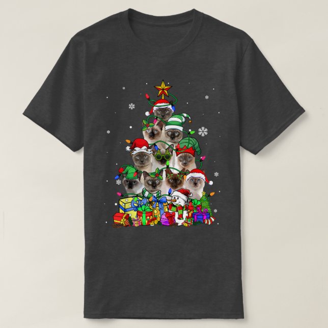 Cat Lover Funny Siamese Tree Christmas Light  T-Shirt (Design Front)