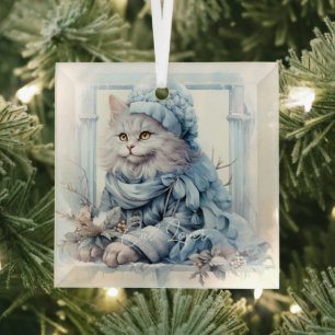 Cat Lover Grey Kitten Blue Victorian Clothes Glass Tree Decoration
