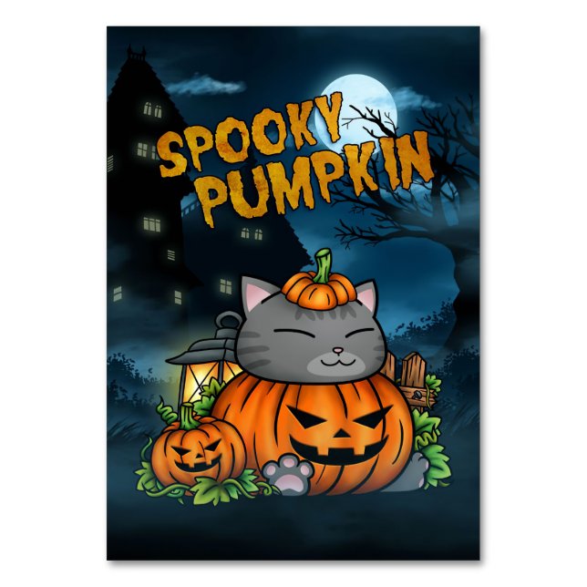 Cat Lover Halloween Cat Pumpkin Table Number (Front)