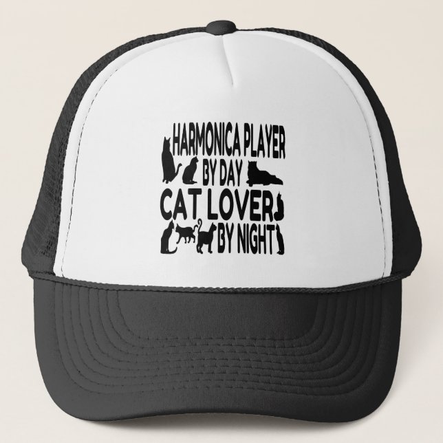 Cat Lover Harmonica Player Trucker Hat (Front)