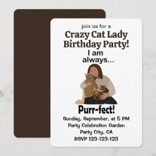 Cat Lover I am Purr-fect Crazy Cat Lady Birthday Invitation