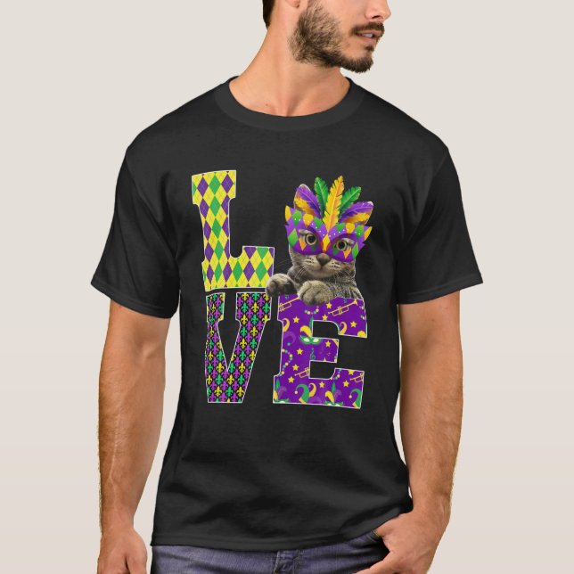 Cat Lover I Love Mardi Gras Costume Mask T-Shirt (Front)