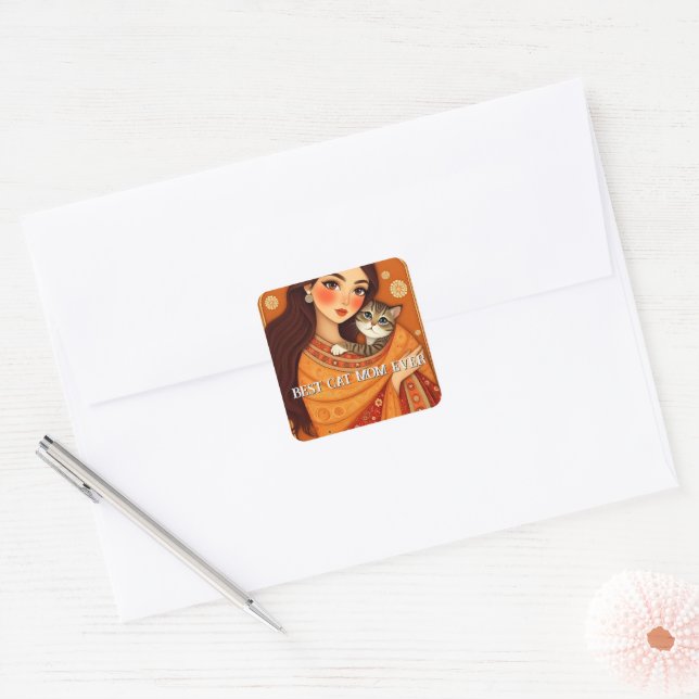 Cat lover Mom Photo  orange Square Sticker (Envelope)