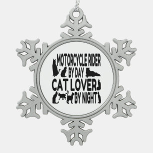 Cat Lover Motorcycle Rider Snowflake Pewter Christmas Ornament