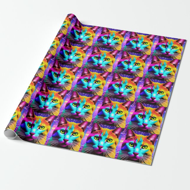 Cat Lover "Neon Galaxy" Gift Wrapping Paper  (Unrolled)