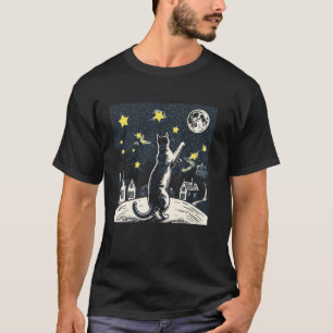 Cat Lover Reaching for Stars Moon Sky Kitten Felin T-Shirt