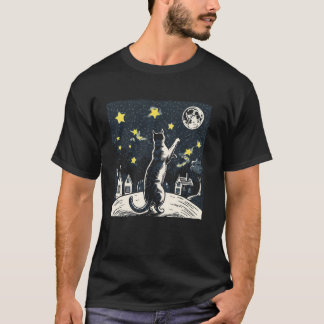 Cat Lover Reaching for Stars Moon Sky Kitten Felin T-Shirt
