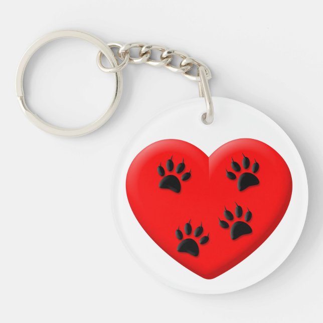 Cat Lover Red Heart And Paws  Key Ring (Front)