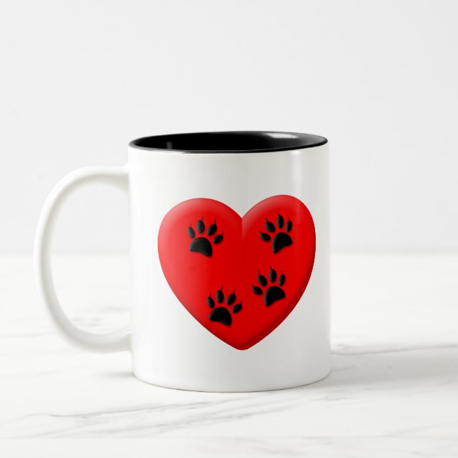 Cat Lover Red Heart And Paws Two-Tone Coffee Mug (Left)