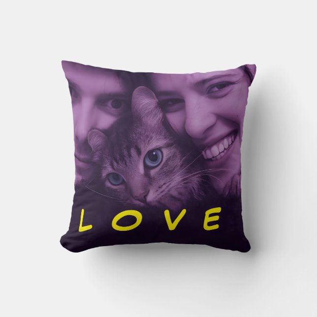 Cat Lover White Script Custom Photo Throw Pillow (Front)
