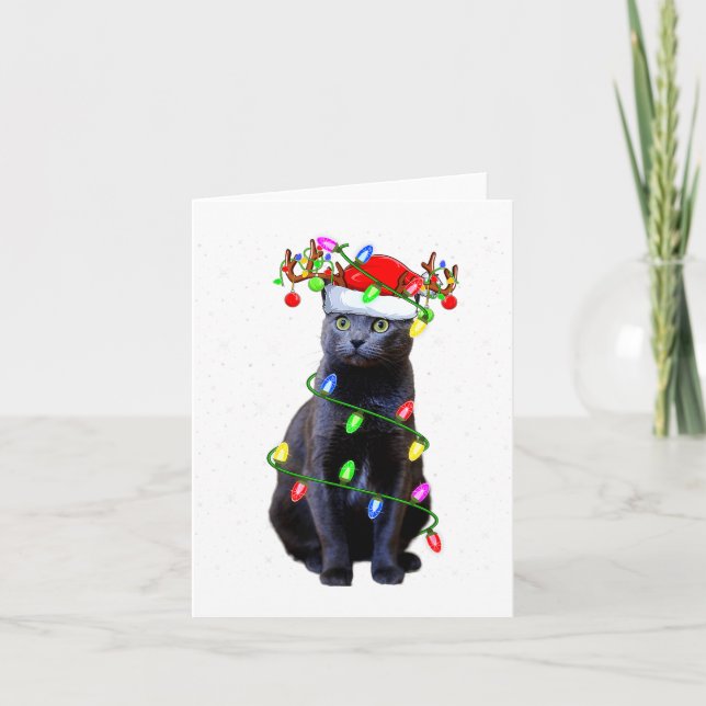 Cat Lover Xmas Lighting Santa Russian Blue Cat Chr Card (Front)
