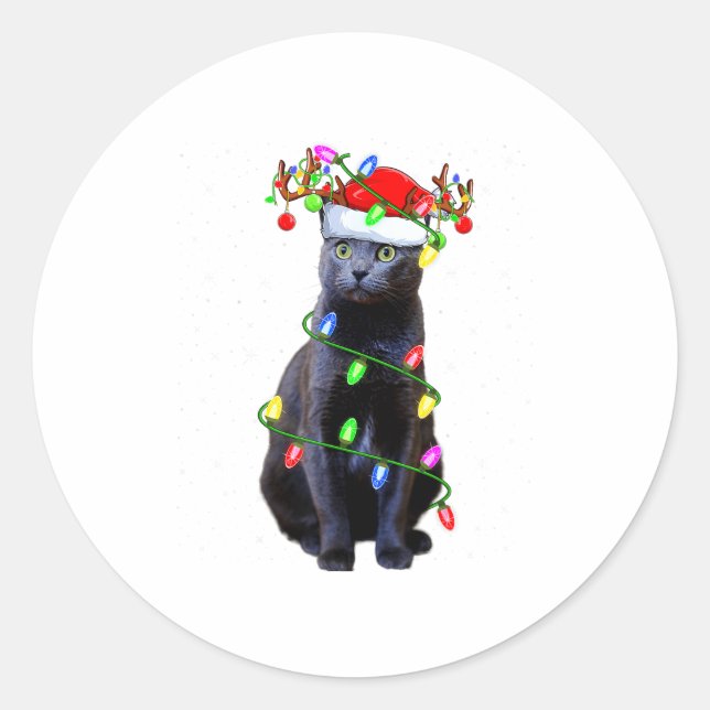 Cat Lover Xmas Lighting Santa Russian Blue Cat Chr Classic Round Sticker (Front)