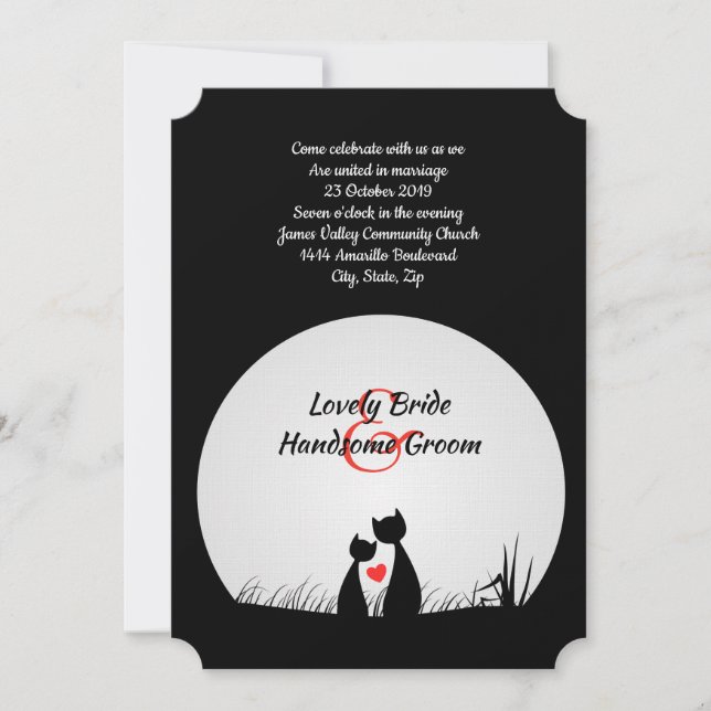 Cat Lovers Black White Moon Wedding Invitation (Front)