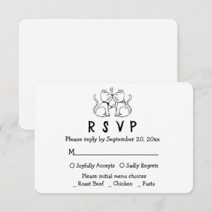 Cat Lovers Cartoon Kitty Black White Wedding RSVP Card