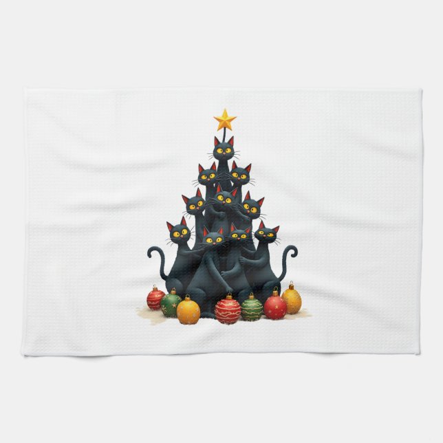 Cat Lovers Cute and Funny Holiday Tree Christmas 2 Tea Towel (Horizontal)