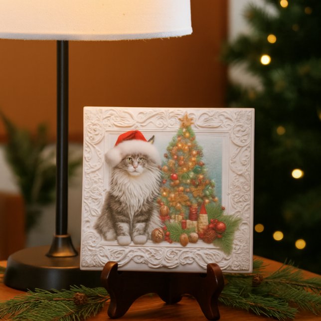 Cat Lovers Embossed Christmas Holiday  Ceramic Tile (Festive ceramic tile with Santa cat and tree perfect for holiday desks, gifts, and cozy décor.)